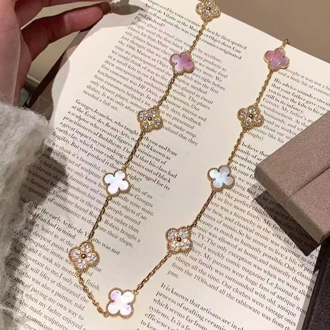 [Luna Brilliance]CLOVER 20 MOTIFS DIAMOND PINK MOP NECKLACE
