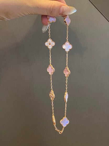 [Luna Brilliance]CLOVER 10 MOTIFS DIAMOND PINK MOP NECKLACE