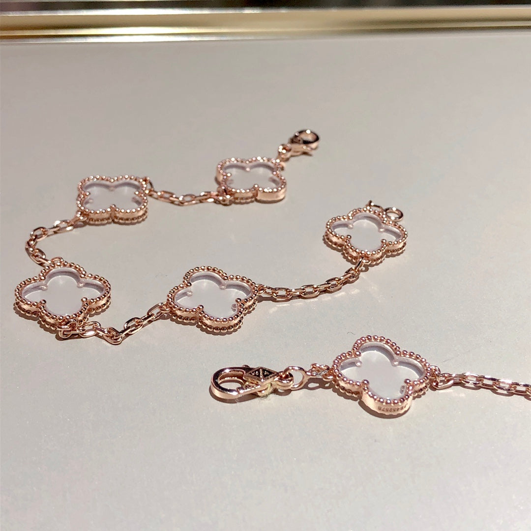 [Lunabriance]CLOVER 5 MOTIF ROCK CRYSTAL PINK GOLD BRACELET