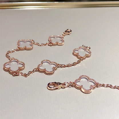 [Lunabriance]CLOVER 5 MOTIF ROCK CRYSTAL PINK GOLD BRACELET