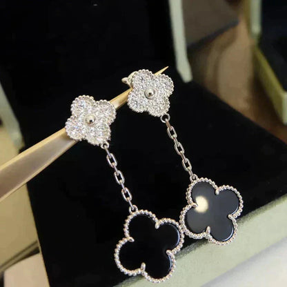 [Lunabriance]CLOVER 2 MOTIFS  DIAMOND ONYX EARRINGS SILVER