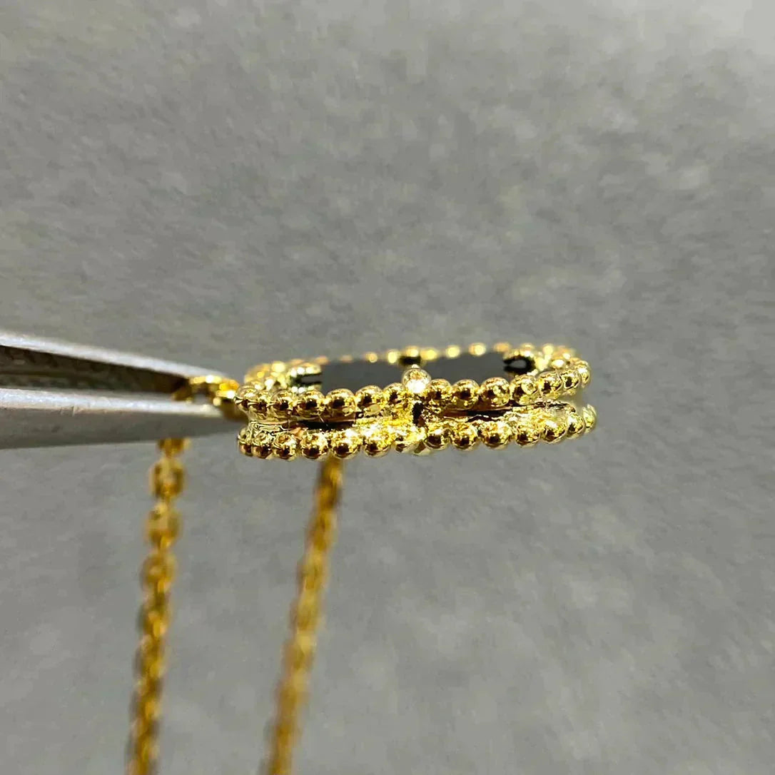 [Lunabriance]CLOVER 15MM BLACK ONYX SINGLE FLOWER NECKLACE