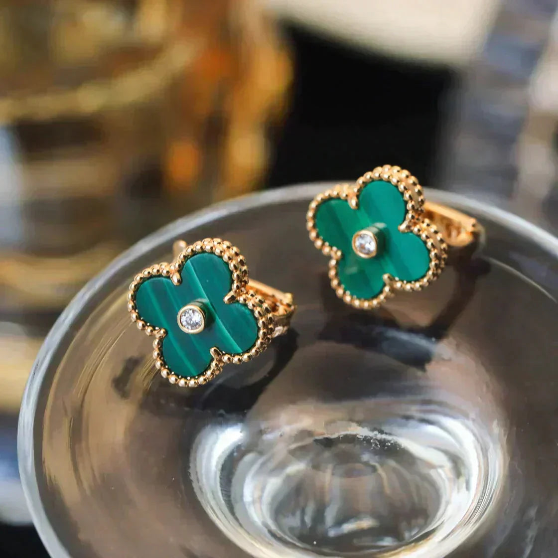 [Lunabriance]CLOVER MEDIUM 1 MOTIFS MALACHITE DIAMOND EARRINGS