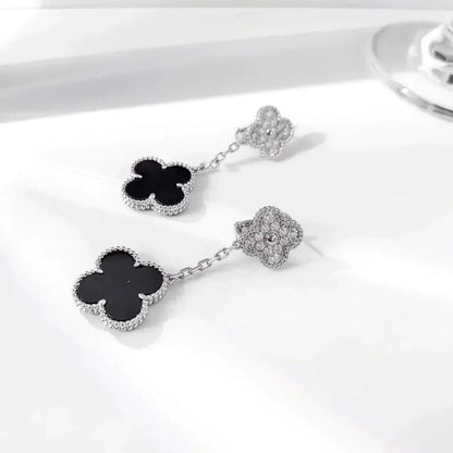 [Lunabriance]CLOVER 2 MOTIFS  DIAMOND ONYX EARRINGS SILVER
