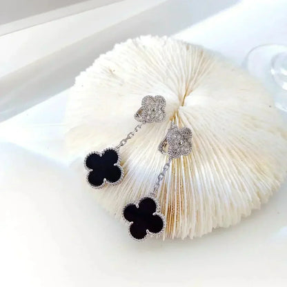 [Lunabriance]CLOVER 2 MOTIFS  DIAMOND ONYX EARRINGS SILVER