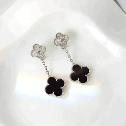 [Lunabriance]CLOVER 2 MOTIFS  DIAMOND ONYX EARRINGS SILVER