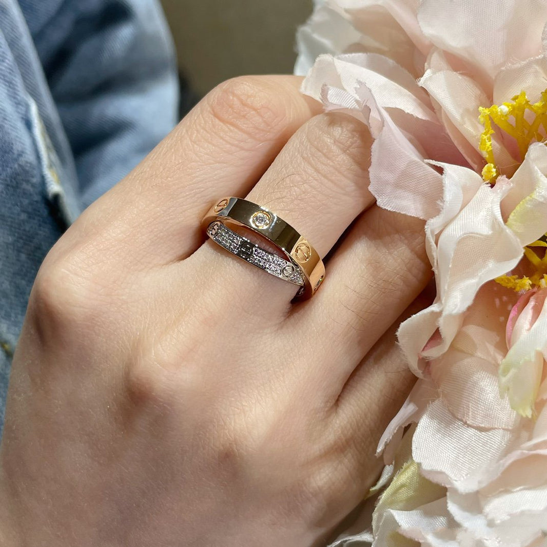 [Luna Brilliance]LOVE PINK GOLD SILVER DIAMOND DOUBLE RING