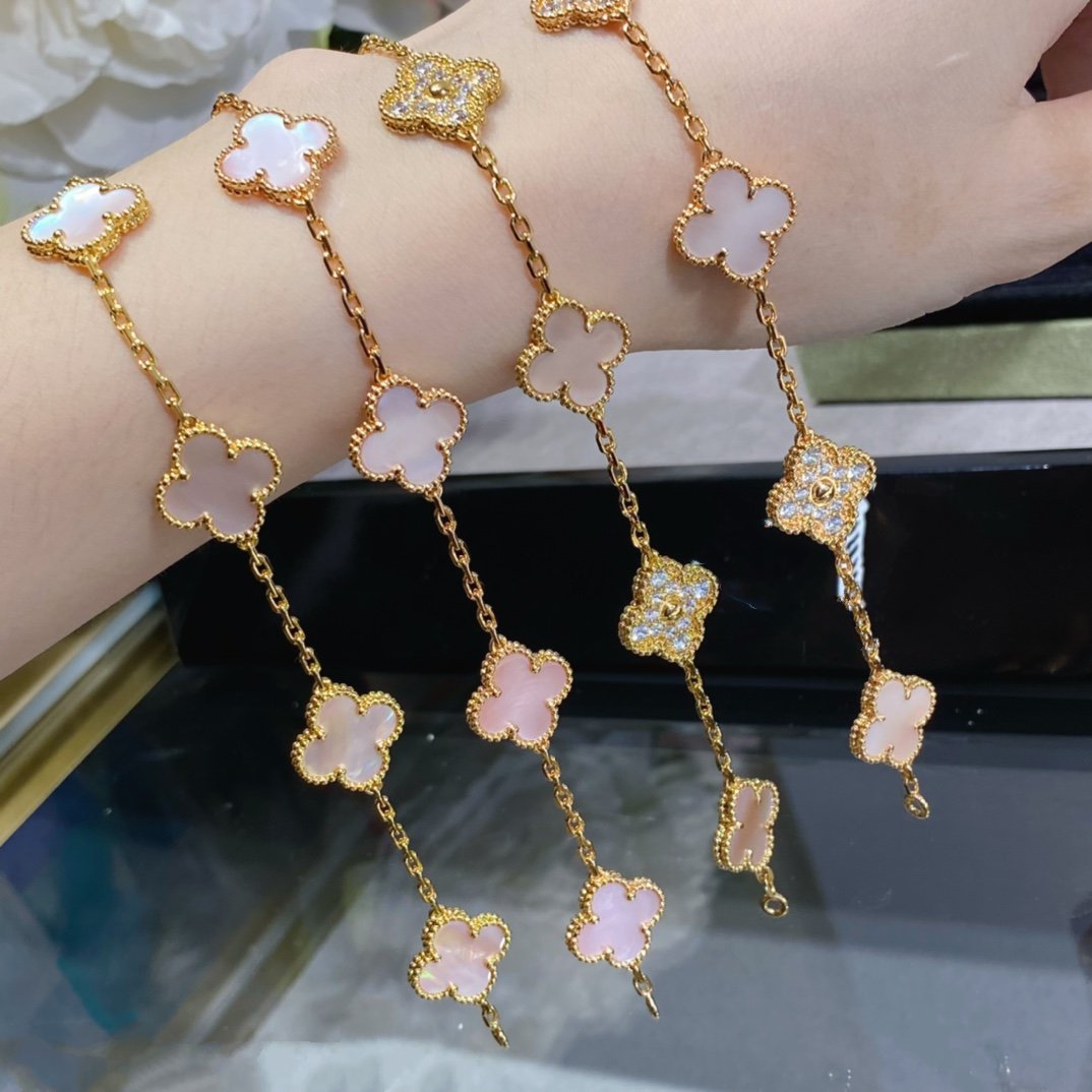 [Lunabriance]CLOVER 5 MOTIF DIAMOND PINK MOP PINK GOLD BRACELET