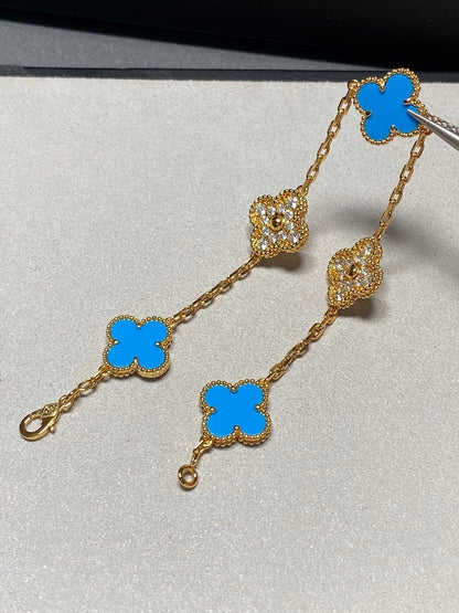[Lunabriance]CLOVER 5 MOTIF BLUE CHALCEDONY DIAMOND GOLD BRACELET