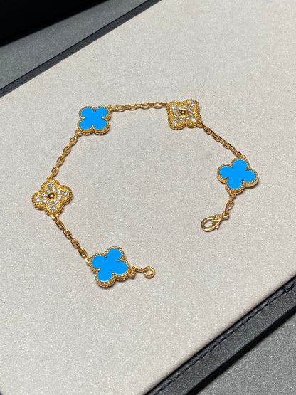 [Lunabriance]CLOVER 5 MOTIF BLUE CHALCEDONY DIAMOND GOLD BRACELET