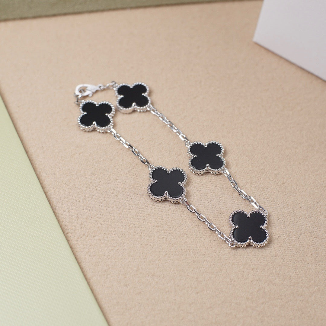 [Lunabriance]CLOVER 5 MOTIF ONYXS  BRACELET SILVER