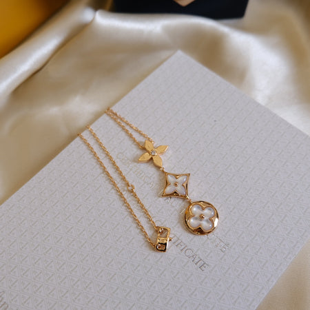 [Luna Brilliance]COLOR BLOSSOM LARIAT NECKLACE PINK GOLD WHITE MOTHER PEARL AND DIAMOND