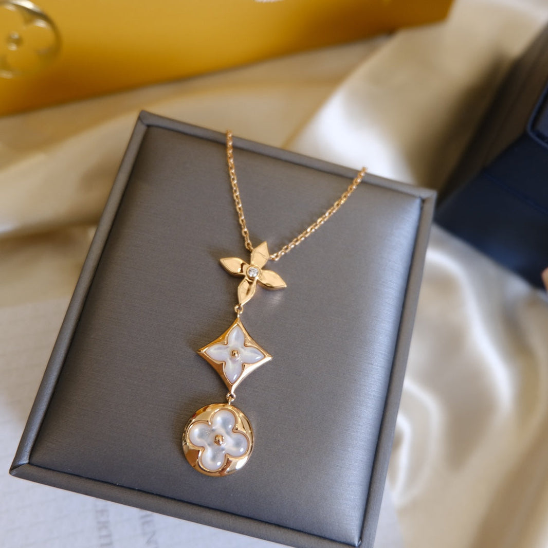 [Luna Brilliance]COLOR BLOSSOM LARIAT NECKLACE PINK GOLD WHITE MOTHER PEARL AND DIAMOND