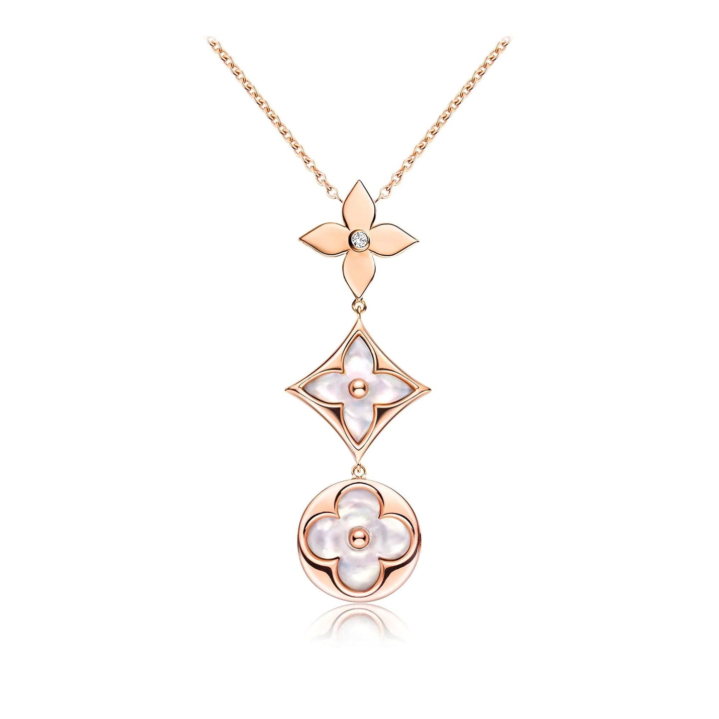 [Lunabriance]COLOR BLOSSOM LARIAT NECKLACE PINK GOLD WHITE MOTHER PEARL AND DIAMOND